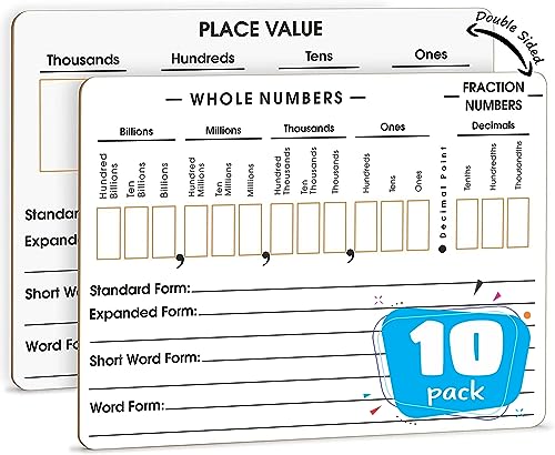 SCRIBBLEDO 10 Pack Place Value Board 9" x 12" Double Sided Dry Erase Boards for Kids for Teaching Place Values from Billions to Decimal Numbers Math Manipulative Lapboard for Teachers School Classroom