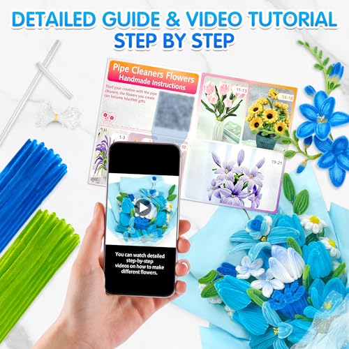 LINAYE 500 PCS Pipe Cleaners Craft, 6 Colors Pipe Cleaners Flowers Kit, Chenille Stems for Crafts with Instruction Wrapping Paper, Flower Stamens, Stems Art and Craft Supplies Blue - color: Blue