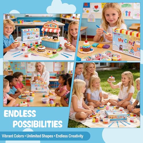 Dessert Clay Kit for Kids – 6 Sweet Treat Themes with Tools & Tutorial Cards | Cupcake Cookie Cake DIY | Soft Non-Sticky Air Dry Clay | Arts & Crafts Gift Ages 3+ - color: 6 Boxes of Desserts