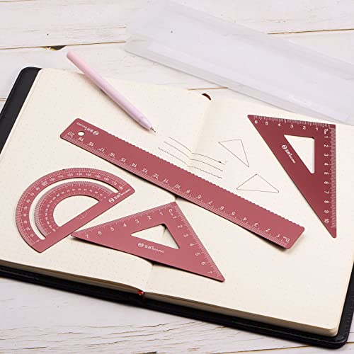 HARFINGTON 2 Set 4pcs/Set Geometry Set 20cm Metric Measure Laser Engraving Aluminum Ruler Metal Ruler Set Triangle Protractor Ruler Tool Set for Classroom, Office, Home, Red