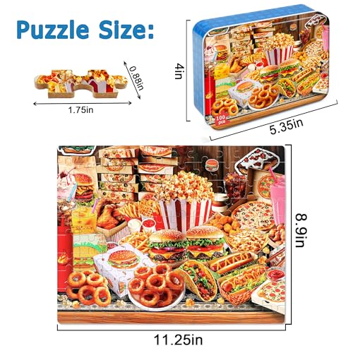 LELEMON Puzzles for Kids Ages 4-6,Hamburger Foods 100 Piece Puzzles for Kids Ages 4-8 in a Metal Box, Educational Jigsaw Puzzles 100 Piece Puzzle Games Puzzle Toys for Girls and Boys - color: Hamburger