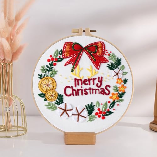 Topapfo Christmas Embroidery Kit for Beginners Adults, Needlepoint Cross Stitch Starters Kits Hand Embroider Craft with Embroidery Stitches Instructions Hoops Threads - color: red-wreath
