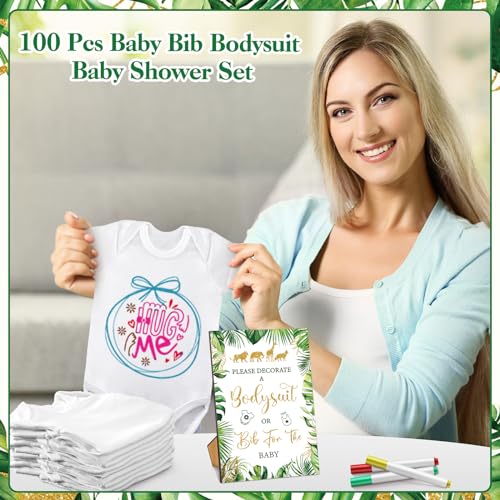 Panitay 100 Pcs White Baby Bodysuits Bibs Kit 25 Guests, Safari Animal - style: Safari Animal