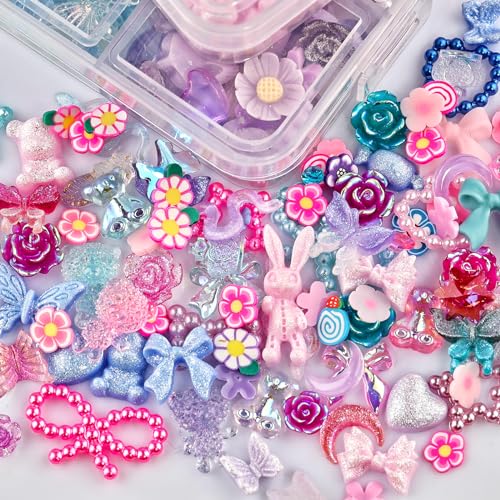 2050 Pieces 3D Butterfly Rose Flower Bow Rabbit Bear Nail Charms Kit with Nail Art Rhinestones Pearls Crystal Gems Nail Slices for Manicure DIY Crafts Jewelry Accessories (Pink Purple Blue) - color: Pink Purple Blue