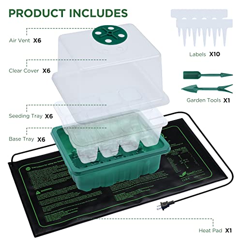 7-Pack Seed Starter Tray with Heat Mat (12 Cells per Tray), Plant Germination Trays with Adjustable Humidity Dome Seed Trays Seedling Starter with Base Trays for Germination - color: Green