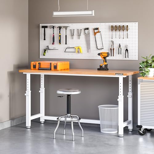 Seville Classics UltraHD Heavy Duty Workbench Table w/Solid Wood Top, 1000 lbs. Weight Capacity Workstation for Garage, Warehouse, Workshop, White, 72" W x 25" D x 28.5" to 42" H Desktop - color: White, size: 72" W x 25" D x 28.5" to 42" H Desktop