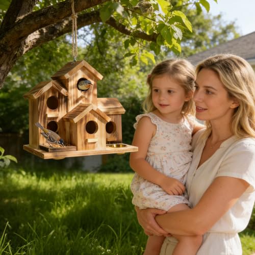 MIXXIDEA Bird House 5 Hole Bird Houses for Outside with Thickened Wooden Board,Birdhouse for Blue Bird Humming Bird and Chickadee Swallow. Hanging Edible Wild Bird Nest Garden Decorative