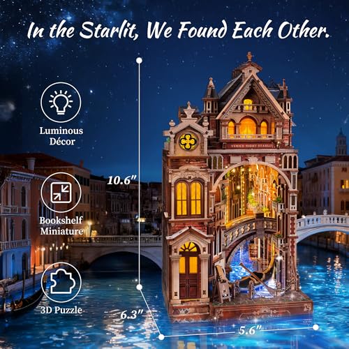 FUNPOLA Venice Night Starlit Book Nook Kit – LED 3D Wood Puzzle with Infinity Mirror – DIY Bookshelf Decor, Miniature Craft Gift for Adults - color: Venice Night Starlit