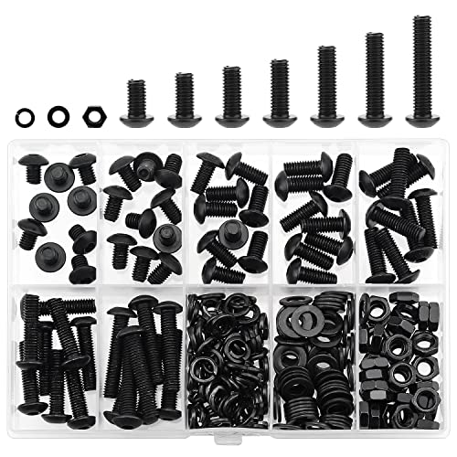 HELIFOUNER 240 Pieces M5 x 6mm /8mm /10mm /12mm /16mm /20mm /25mm, Button Head Socket Cap Screws Bolts Washers Nuts Kit, 10.9 Grade Alloy Steel, Full Threaded, Black - size: M5, style: Button Head