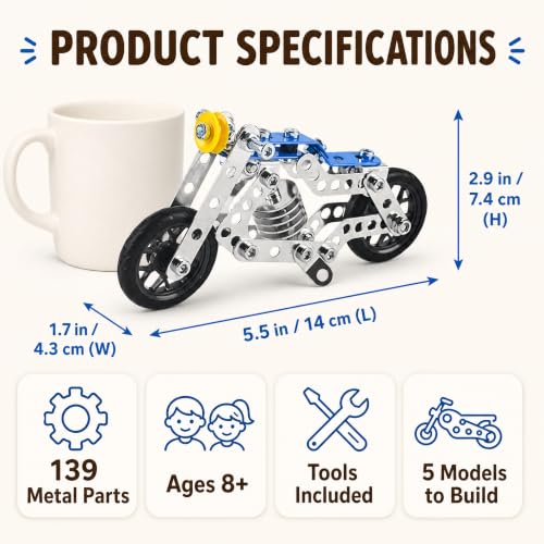 Ferthor Fun Creative Set Motorcycle,Stem Building Projects Toys for Kids 8 9 10 11 12+ Year Old,Metal Building Construction Model kit, 5 in 1 Motobike Building Blocks Steam Educational Toys(139PCS) - size: Motorcycle series 139PCS