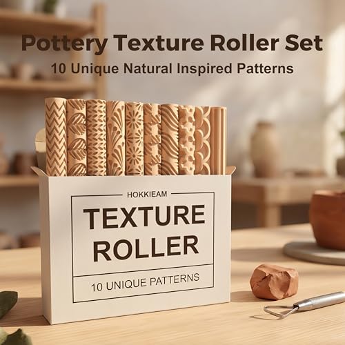 Hokkieam Clay Texture Rollers, 10 PCS Plastic Polymer Clay and Pottery Tool - color: Latte Brown