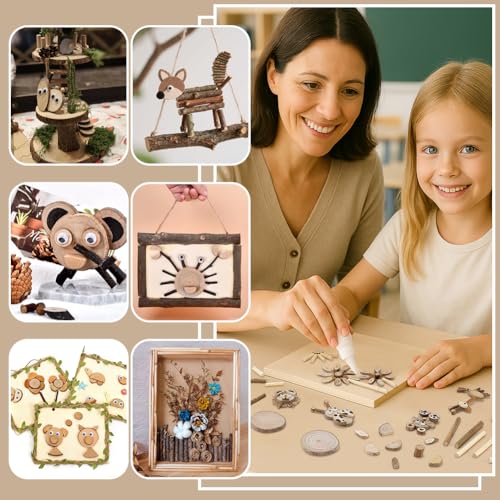 PH PandaHall Handmade DIY Wood Craft Kits, Wooden Unfinished Craft Kits Natural Wood Slices Loose Part Play DIY Slices Kit for Dollhouse Painting Sorting Activities School Projects