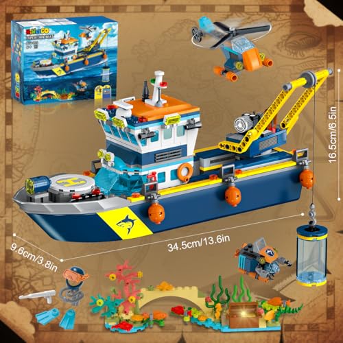 HiWEEGO City Floatable Boat Building Set with LED Light - Ocean Arctic Explorer Ship Building Block Kit with Helicopter, Sub Exploration Toy Adventure Set Birthday Gift for Kids Boys Girls 6 7 8 9 10+