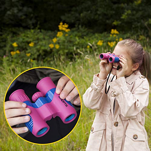 Binoculars for Kids, Girls or Boys Real Kids Binoculars in Vibrant Pink Blue - includes Sticker Book with 40 Bird Species - Kids Toys Small Binoculars, Toddler Binoculars - color: Pink and Blue