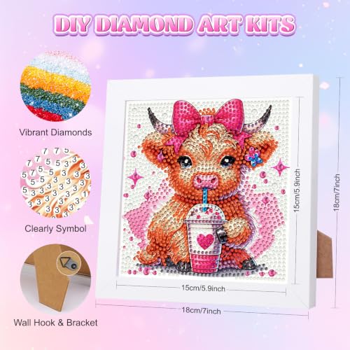 GHHKUD Cute Highland Cow Diamond Art Painting Kits for Kids with Frame, Farm Animal Diamond Art Adults Kids Crafts for Ages 4-6-8-12, Easy to DIY Gifts Package Home Wall Decor 7x7inch - color: Cute Highland Cow