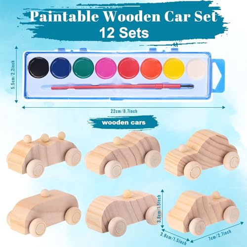 Leitee 12 Sets Wood DIY Car Toys, Unfinished Wooden Cars to Paint for Kids