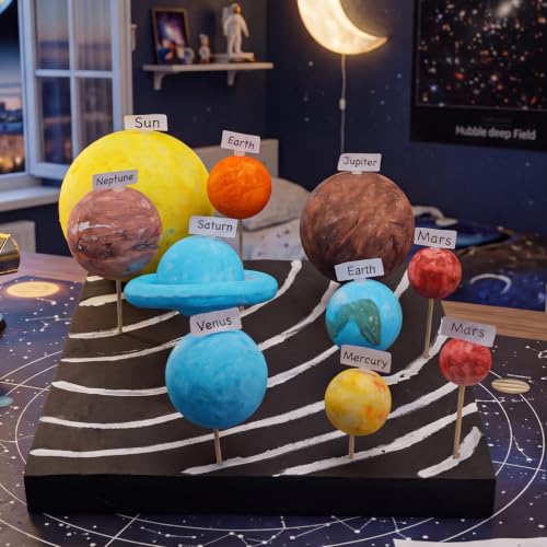Ripeng 86 Pcs Solar System Model Project Kit Solar System Diorama Kit Include Mixed Foam Balls Stickers Foam Board Black Cardboard Box Wooden Skewers for Space Planet DIY Crafts