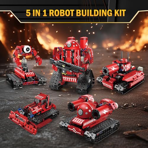 STEM Robot Building Kit for Boys Age 8-16, 5 in 1 Remote Control Robot Toys with 495 Pieces, Engineering Science Birthday Gifts for Kids Teens 8 9 10 11 12 13 Years Old - color: Red