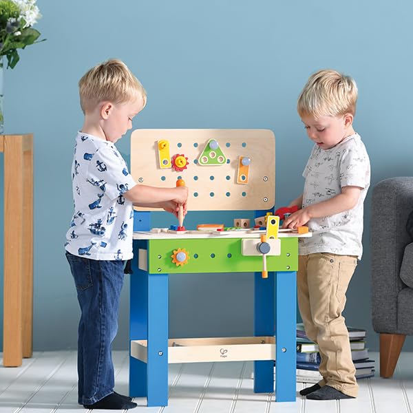 Award Winning Hape Master Workbench Kid's Wooden Toolbench Pretend Builder Set, Multicolor (E3000)