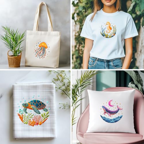 ACRNIGHEET 6PCS Embroidery Kit for Adults Beginners, Sea Animals Embroidery Starter Kit, Stamped Cross Stitch Kits for Crafts Lovers Gift Idea, Include Instructions 6 Stamped Embroidery Cloth 2 Hoop - style: Marine animal patterns -6pcs