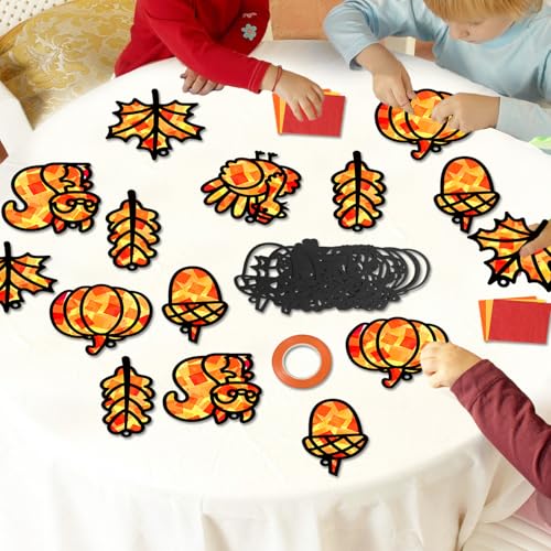 Qyeahkj 36 Set Fall Suncatchers Crafts for DIY Autumn Leaf Pumpkin Acorn Squirrel Window Tissue Paper Craft Kit Hanging Decor for Home Activity Art Project Birthday Party Favor Gift - style: Autumn