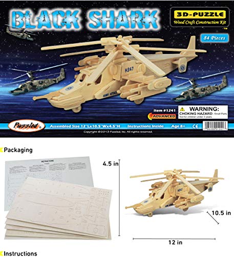 Puzzled 3D Puzzle Black Shark Helicopter Wood Construction Kit - 84 Pieces