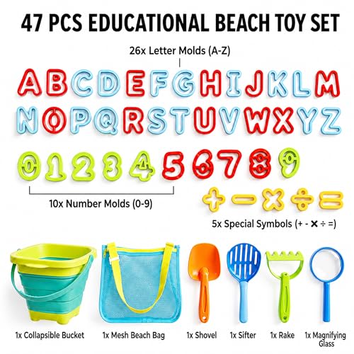 47pc Collapsible Beach Toys for Toddlers Kids ,Educational Sand Toys with Letter & Number Molds, Collapsible Bucket, Magnifying Glass, Mesh Bag -Travel Sandbox Toys for Boys Girls Age 3-10