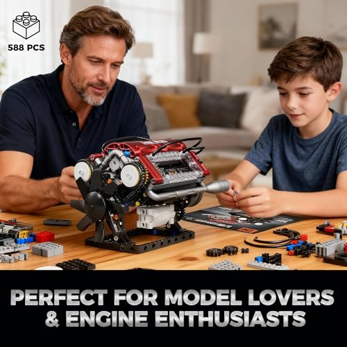 V8 Engine Building Blocks Sets, V8 Engine Model Kit, Runnable Model Engine Building Sets, Mini Engine Kits with Crankshaft & Rotating Fan, for Adults & Kids