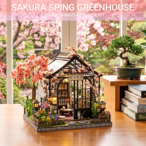 DIY Miniature House Kit, Fairy Dollhouse for Adults to Build, Mini Home Building Kit with Wooden Furniture & LED Lights,Garden Detials, Gift for Family and Friends (Spring Sakura Greenhouse) - color: Spring Sakura Greenhouse