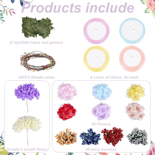 INFUNLY 20 Set Flower Crowns Making Kit Make Your Own Floral Berry Crown Wreath Blossom Garland Headbands Craft Kit DIY Fairy Gypsophila Hair Accessories Handmade for Birthday Party Wedding Decor - color: Red/Pink/Yellow/Blue/Purple/Orange