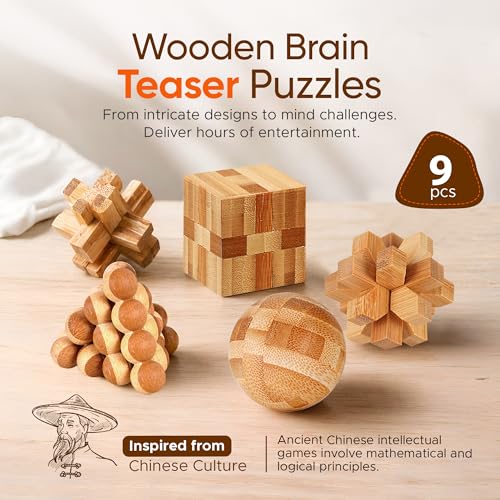 Wooden Brain Teaser Puzzles, 9pcs 3D Brain Teasers for All Ages - color: 9pcs