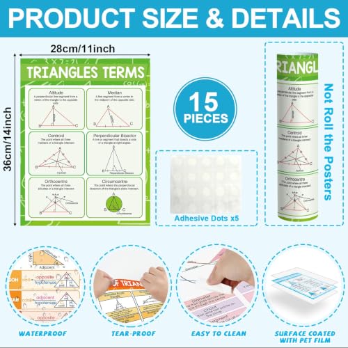 15Pcs Math Posters 14x11In Geometry Posters for Middle School Angles Triangles Trigonometry Educational Knowledge Poster for Middle High School Classroom Bulletin Board Wall Hallway Study Room Decor