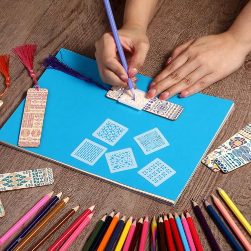 TaoBary 92 Pcs 4.8 x 1.3 Inch Geometry Wood Bookmark Making Kit Includes 36 Unfinished Blank Bookmarks 36 Tassels 20 Templates, Back to School DIY Painting Craft for Home Class Holiday Teachers Gift - style: Geometry