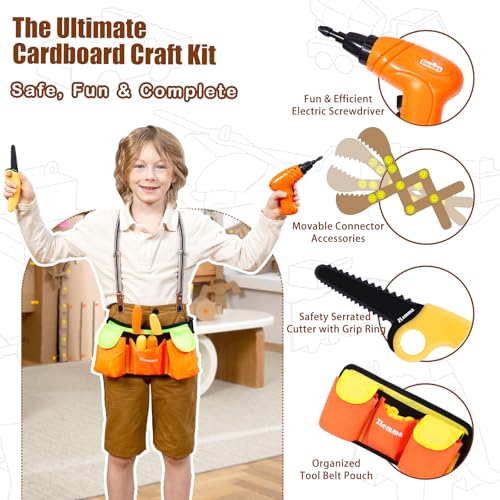 Kids Cardboard Construction Tool Set with Electric Drill & Tool Belt -258PCS, STEM Building Kit for Creative Craft Projects, Educational DIY Engineering Toy for Boys & Girls
