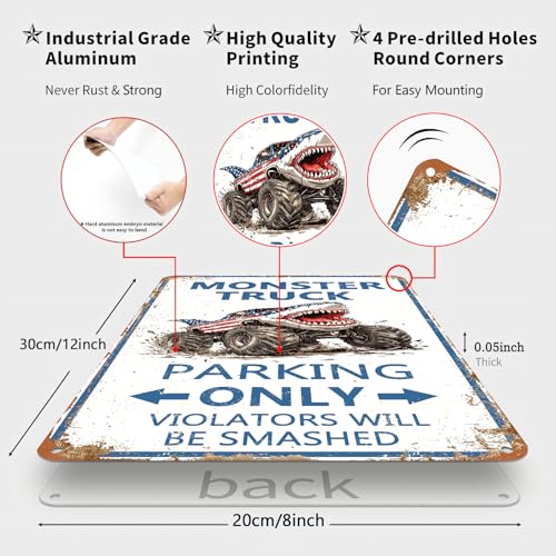 Monster Truck Parking Metal Sign, Boys Wall Decor, 8x12 Inch - color: Monster Truck 02