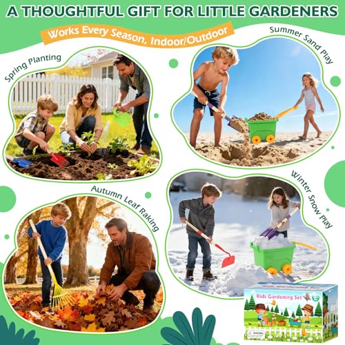 FHOZGECY Kids Gardening Set with Wheelbarrow and Metal Tools for Ages 3-8