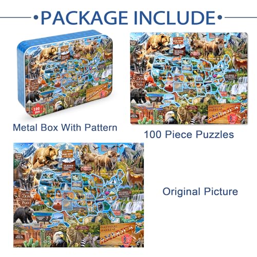 LELEMON Puzzles for Kids Ages 4-6,National Parks Map 100 Piece Puzzles for Kids Ages 4-8 in a Metal Box,Educational Jigsaw Puzzles 100 Piece Puzzle Games Puzzle Toys for Girls and Boys - color: National Parks Map