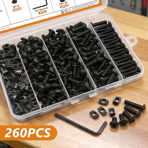 mankk 260PCS M5 T-Nuts and Bolts Assortment Kit for 2020 Aluminum Extrusion - size: M5 Kit