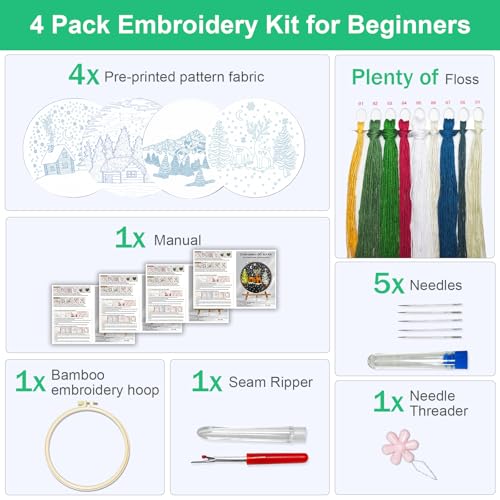 Huacan Embroidery Kit for Beginners 4 Set and Instructions with Videos Includes Multiple Accessories, Gift for Craft (Christmas) - style: Christmas