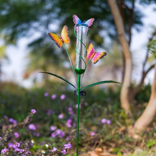 Solar Rain Gauge with 7-Inch Plastic Tube, Butterfly Decor - color: Multi-Butterfly