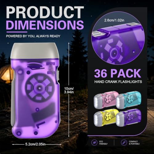Treela 36 Hand Crank Flashlights,Purple,Light Blue,Yellow,Pink - color: purple, light blue, yellow, pink