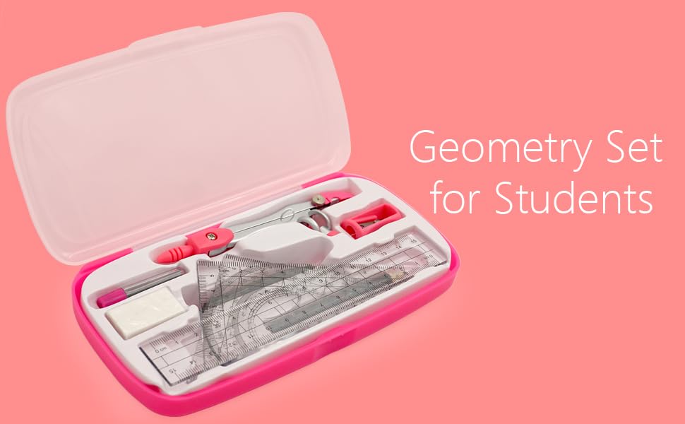 Akuoly Geometry Compass Set Drafting Tools for School Students Geometry Compass Kit with Protractor, Set Squares, and Ruler Organized in a Plastic Case for Math Sarter and Homework – Stylish Pink