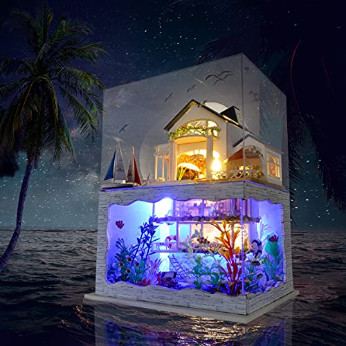 GuDoQi DIY Miniature Dollhouse Kit, Tiny House kit with Furniture and Dust Proof, Miniature House Kit 1:24 Scale Beachside Bungalow, Great Handmade Crafts Gift for Birthday Christmas Day - color: Beachside Bungalow
