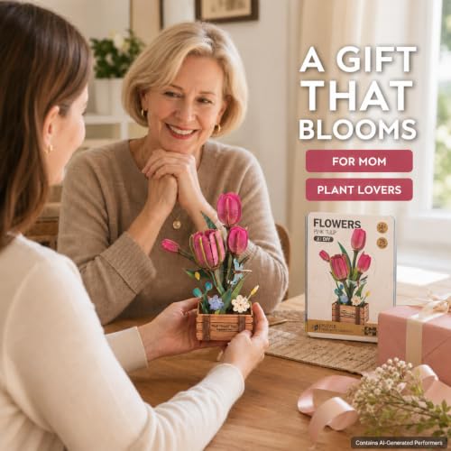Evankin 3D Wooden Pink Tulip Puzzle Kit, DIY Bouquet Model - color: Pink Tulip
