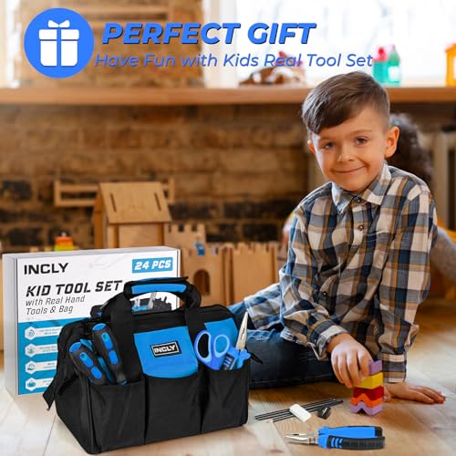 INCLY 24 PCS Kids Real Tool Set with Tool Bag, Small Real Hand Tools Kit - color: Blue