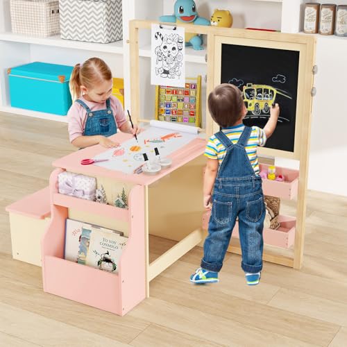 HONEY JOY Kids Art Easel, 6-in-1 Wooden Double-Sided Toddler Table & Chair Set w/Adjustable Magnetic White Board & Chalkboard, Paper Roll, Bookshelf, Storage, Toddler Easel for Kids (Pink) - style: Pink
