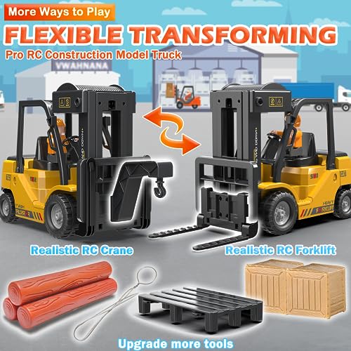 1:24 RC Forklift Toy for Kids, 2 in 1 Lift Fork & Hook Dual Modes - color: Yellow, size: 1:24 Scale (10×4×6.3 inch)