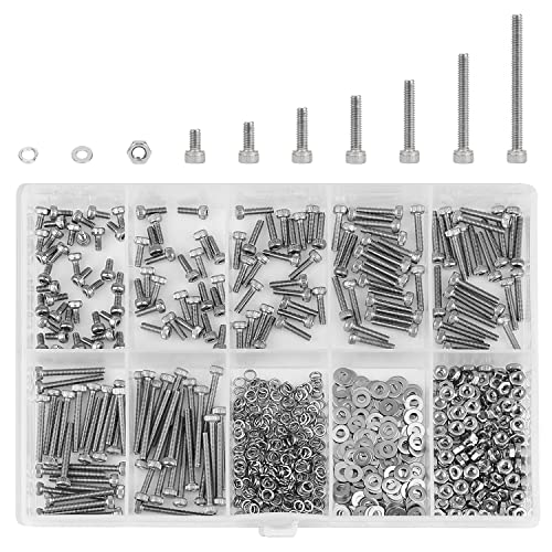HELIFOUNER 560 Pieces M2 x 4mm /6mm /8mm /10mm /12mm /16mm /20mm, Hex Socket Head Cap Screws Bolts Washers Nuts Kit, 304 Stainless Steel - size: M2, style: Hex Socket Head Cap