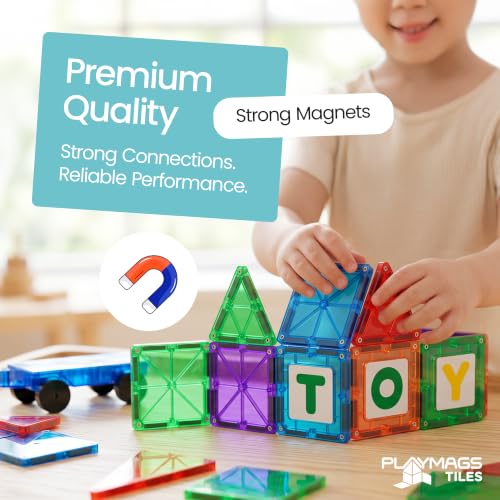 Magnetic Tiles for Kids 100-Piece Set, STEM Educational Building Blocks, Includes 2 Cars & Click-in ABC Learning Tiles, Gift for Boys & Girls, Magnetic Figures & 2 or 4 Car Set Add-Ons Available