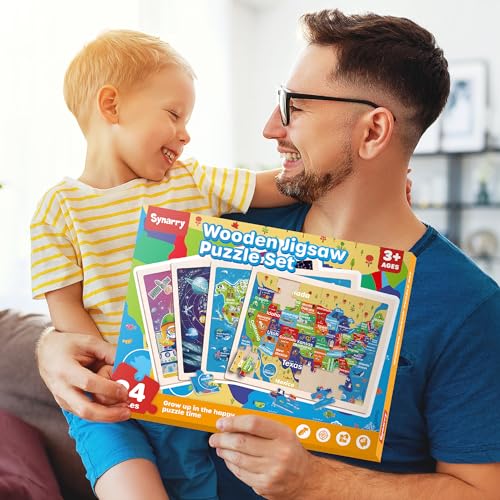 SYNARRY Large USA Map, World Map & Solar System Wooden Puzzles Ages 4-6 - style: US World Earth Solar System